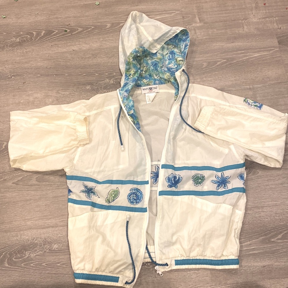 Large Vintage Off  White Stag Windbreaker-turquoise shells & flowers- HOOD TOO